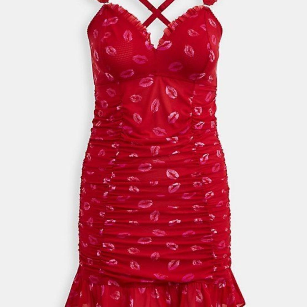 NEW Torrid Curve Size 2 Ruched Mesh Ruffle Chemise Red Lips Valentines Day NEW - Picture 9 of 13